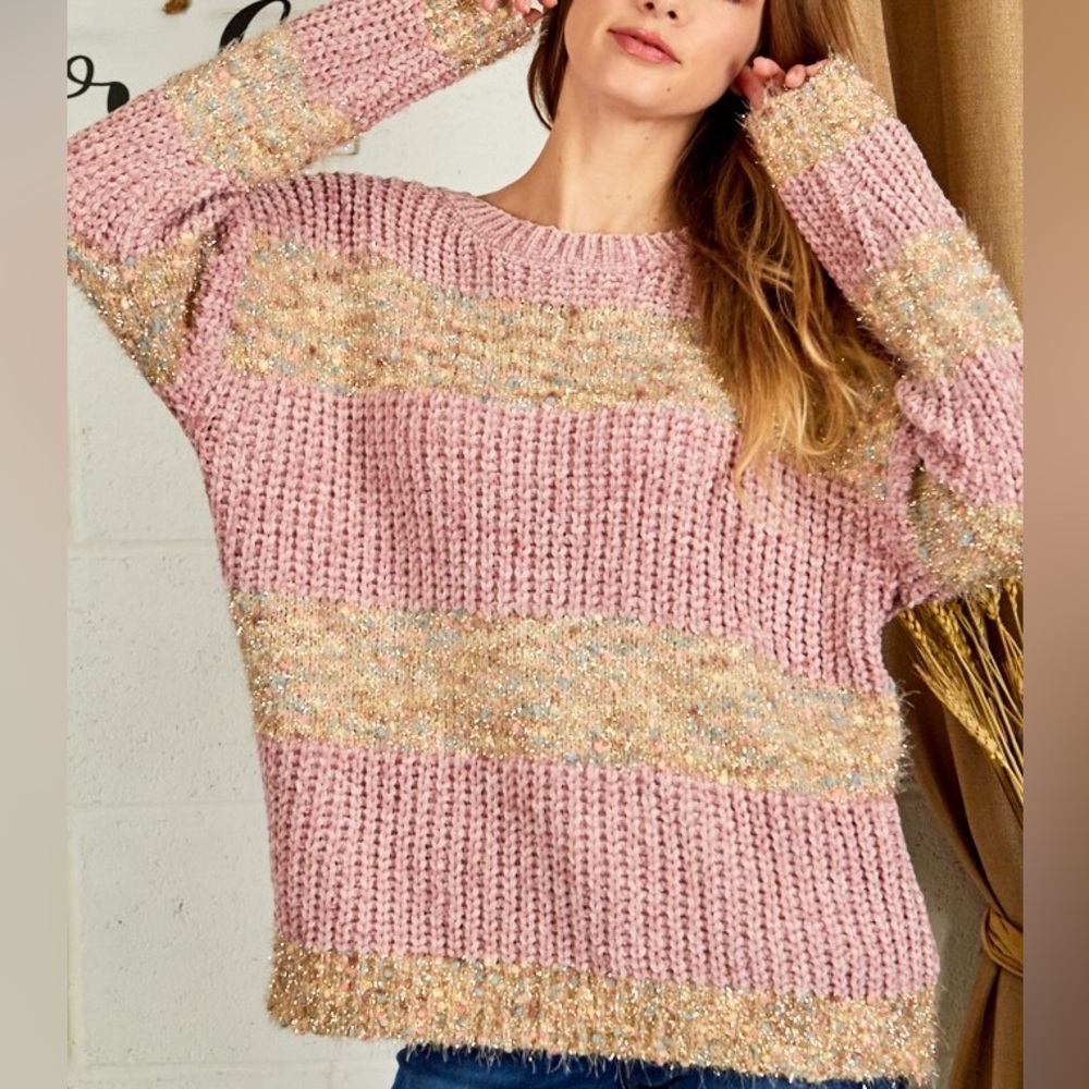 **Last One** Chenille Confetti Soft Knit Sweater, Pink & Gold Metallic Details
